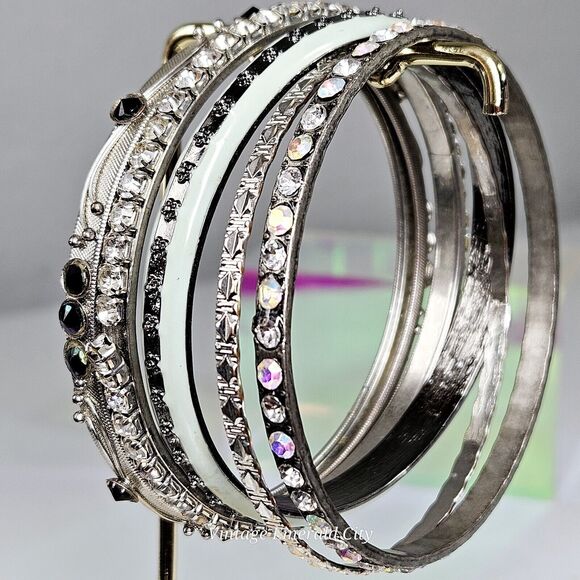 Celestial Collection Bangles Set Of 5 Mixed Enamel Rhinestone Sparkle Bracelets - Picture 12 of 14